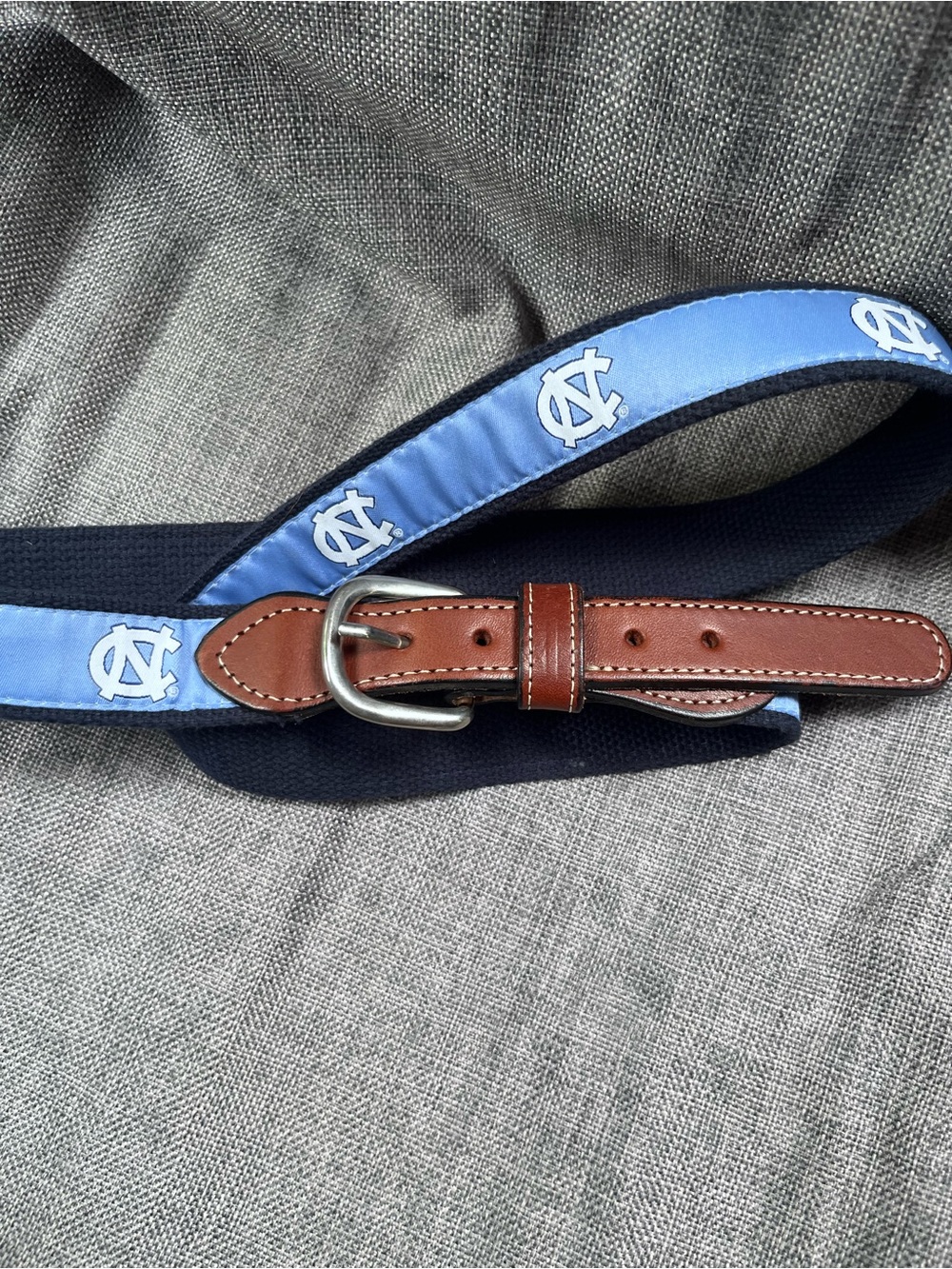 UNC Logo Woven Canvas Belt with Brown Leather Trim
